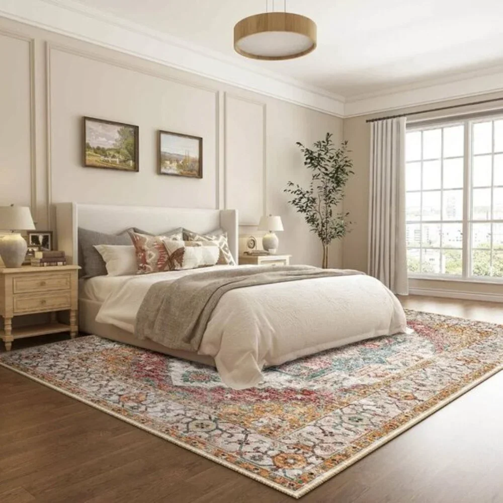 5x7 Washable Area Rug, Yellow/Brown Vintage Low-Pile Non-Slip Carpet for Home